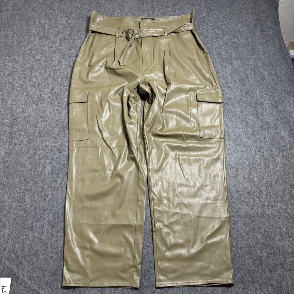 PAIGE Army Green Faux Leather Cargo Pants High Rise Belted Straight Leg Size 12